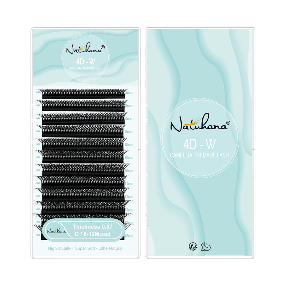 Pestañas Natuhana® en forma de W 4D Camellia Premade Volume Fan Lashes 0.07mm C D Cur