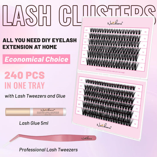 NATUHANA 240Pcs DIY Lash Clusters Kit | Wispy C Curl 8-16mm + Glue & Tweezers