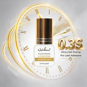 NATUHANA 0.3S fast-drying lash adhesive concept image with clock background symbolizing ultra-fast 0.3 second setting time