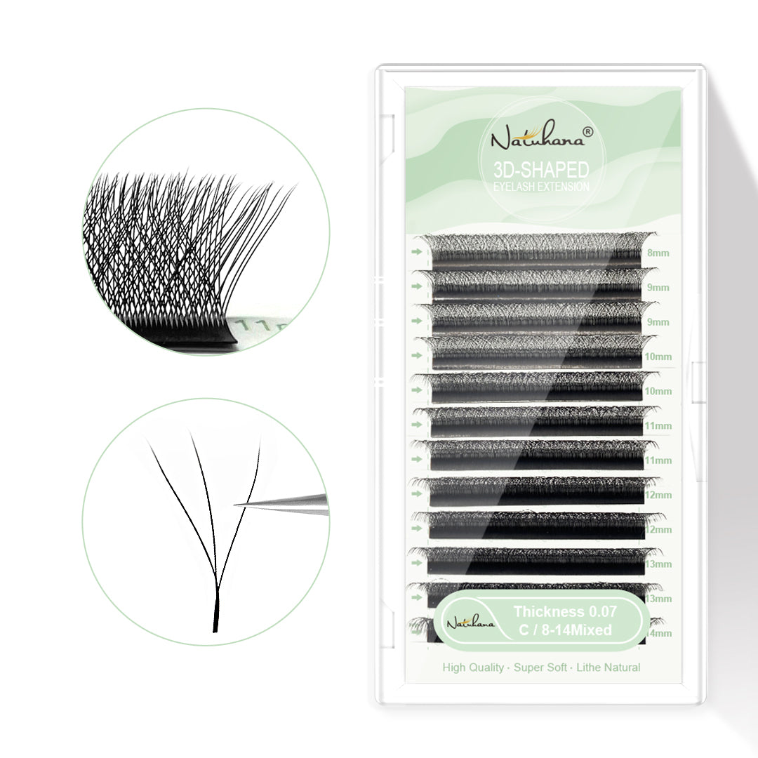 NATUHANA 3D W-shaped eyelash extensions 0.07mm C curl 8-14mm mixed lengths super soft synthetic silk lashes for professional lash artists
