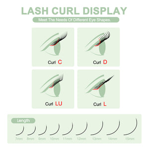 NATUHANA 4D W-shaped eyelash extensions curl display C D L LU LC LD curls available 7mm to 15mm lengths for different eye shapes