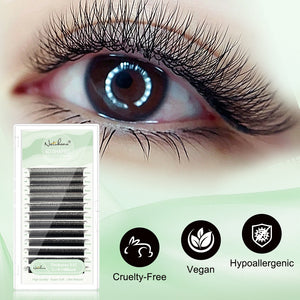 NATUHANA 4D W-shaped eyelash extensions on model eye dramatic fluffy volume hypoallergenic vegan cruelty-free professional-grade