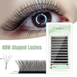NATUHANA 4D W-shaped eyelash extensions being picked up with tweezers easy application save 50% time for lash artists