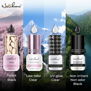 NATUHANA Specialty Series four lash adhesives 5ml bottles – Low Odor Clear, UV Clear, Non-Irritant Black, and 3-5S Black adhesive for professional lash artists