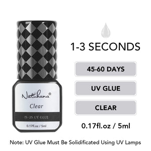 NATUHANA UV clear lash glue features crystal-clear finish and 45-60 days retention requires UV lamp for curing

